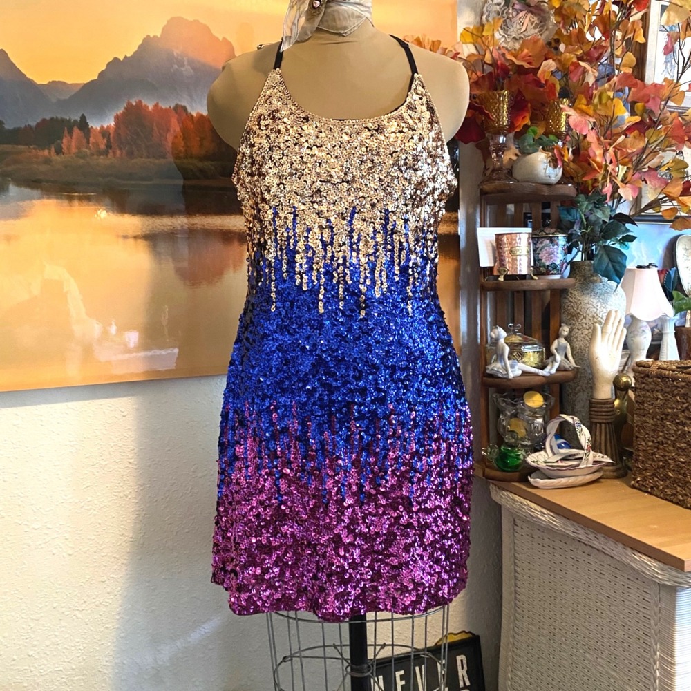 MANER Sequin Ombre Party Dress Disco Event Women Large Gold Blue Purple L